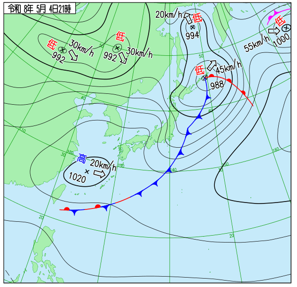樺太付近に低気圧がある時の天気図（出典：気象庁）
