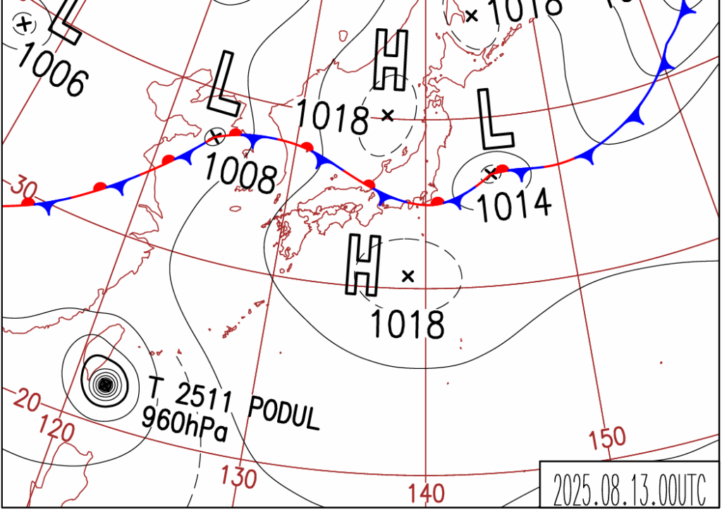 台湾付近に低気圧がある時の天気図（出典：気象庁）