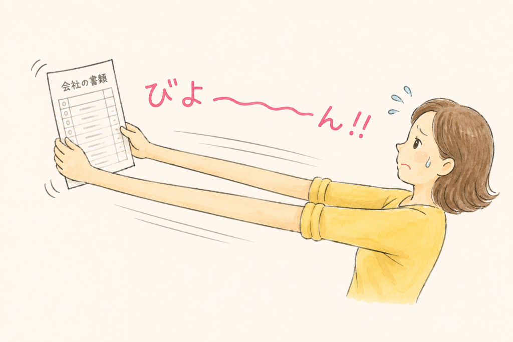 書類を腕いっぱいに伸ばして読もうとする女性のイラスト