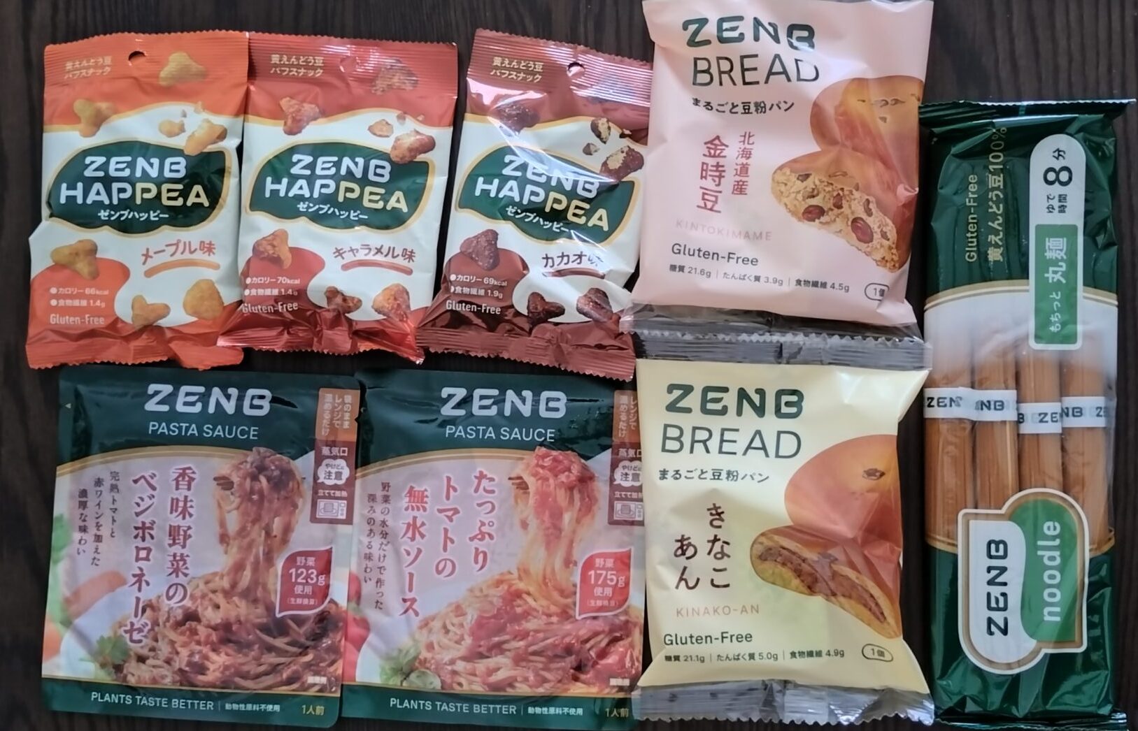 ZENBのパスタソース、パン、お菓子、麺のパッケージ
