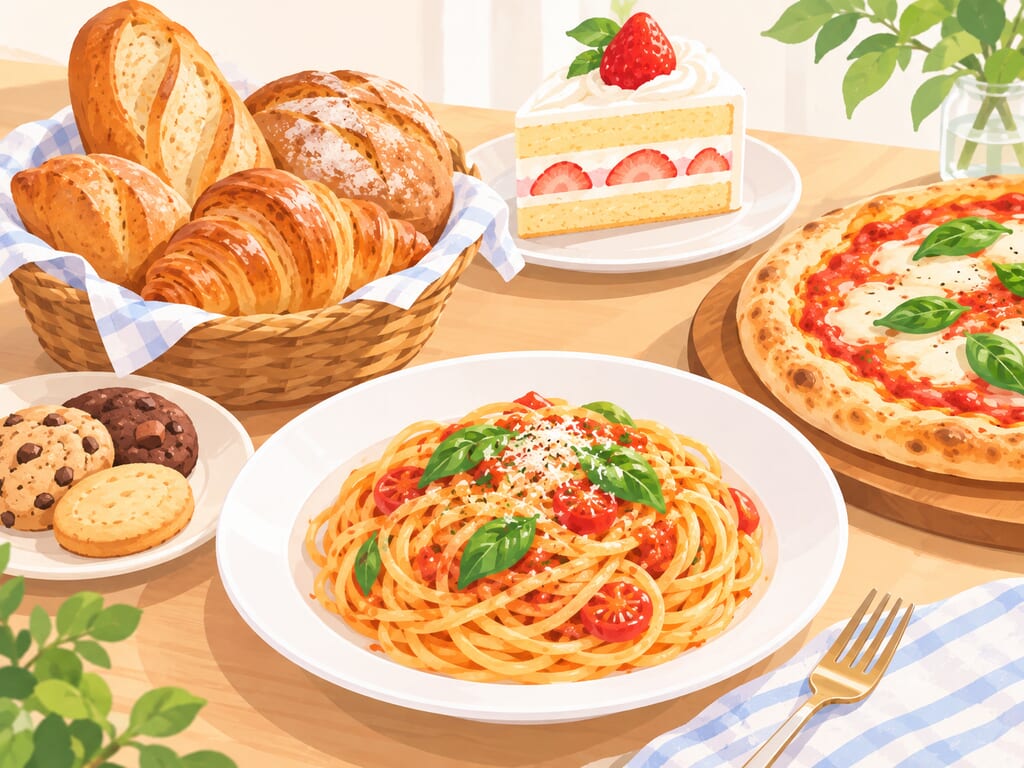 パン、パスタ、ピザ、ケーキ、クッキーのイラスト
