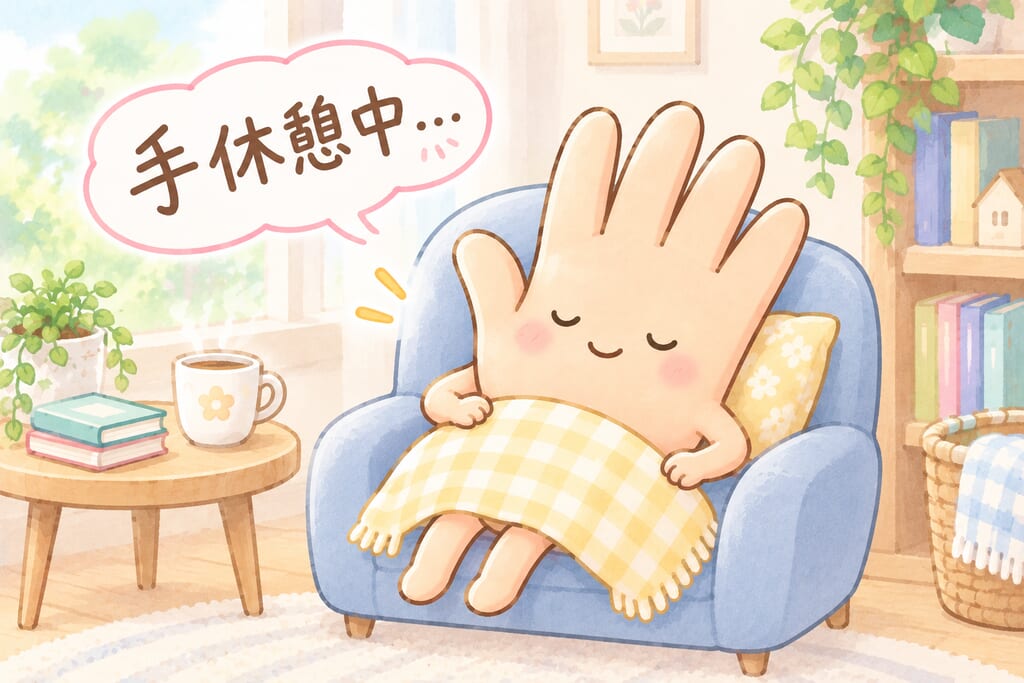 ソファで休憩する手のキャラクターのイラスト