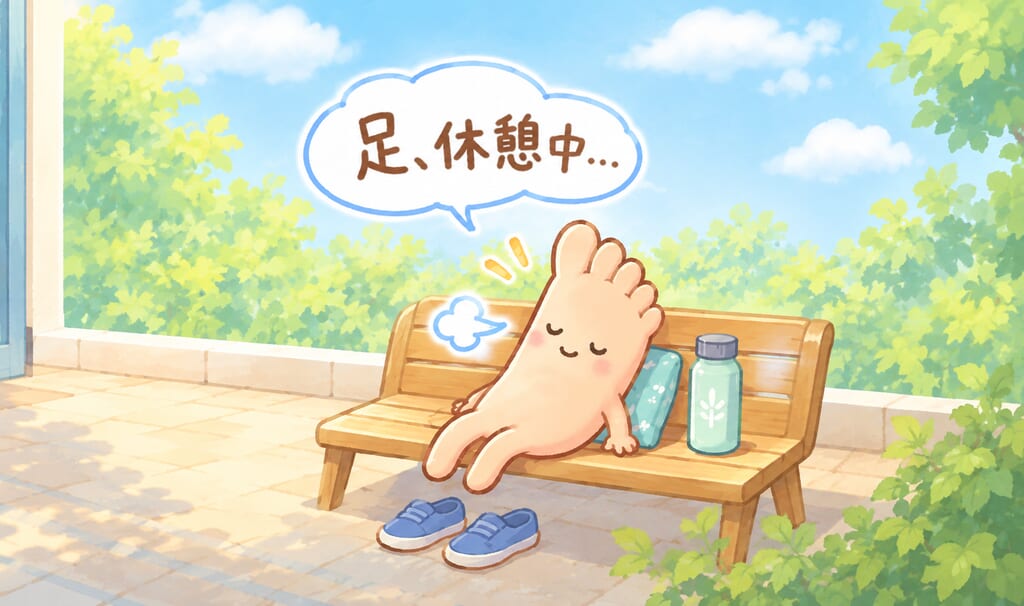 ソファで休憩する足のキャラクターのイラスト