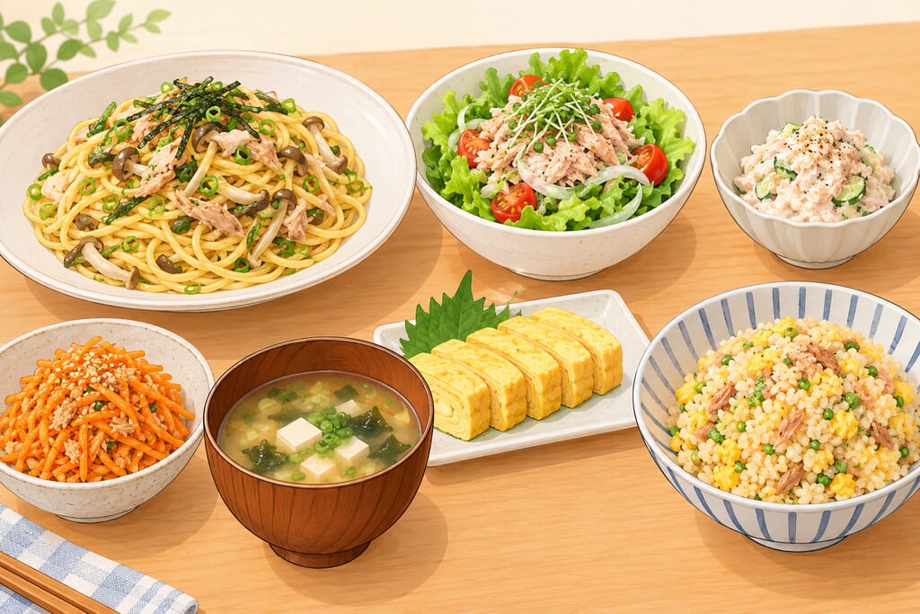 なまり節をツナ缶と置き換えて作った料理が並んだ食卓のイラスト(AI生成)