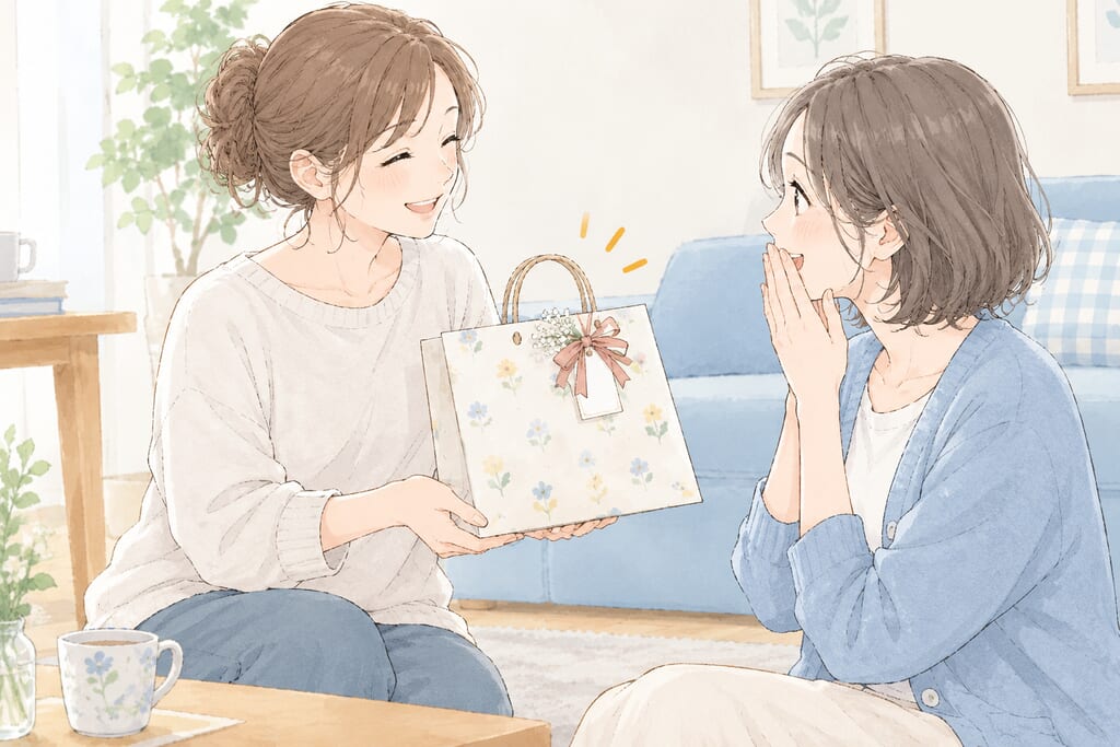 リビングで、笑顔の女性が友達に紙袋のプレゼントを手渡しているイラスト