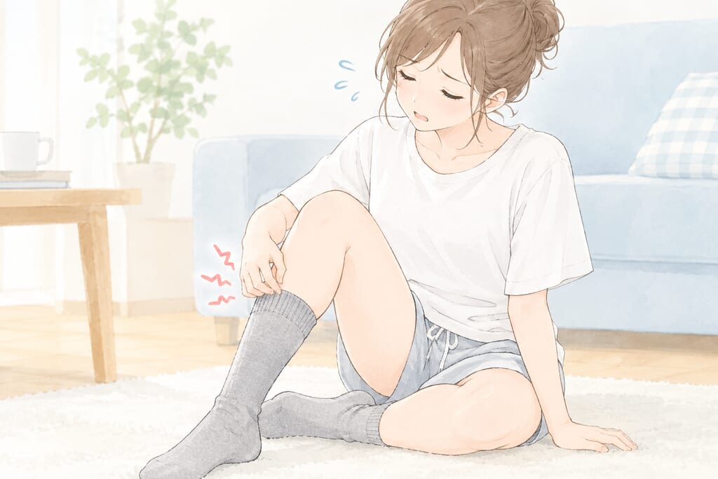 リビングの床に座り、靴下のゴムのあたりがかゆくて困った顔をしている女性のイラスト