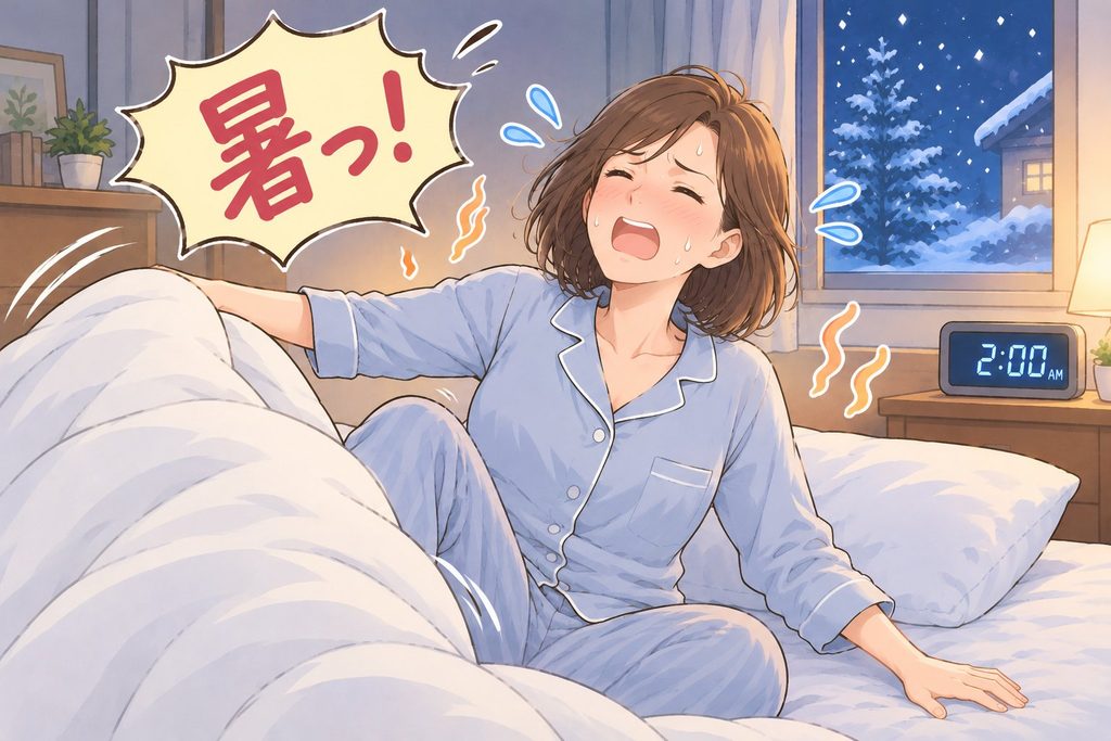 真冬の深夜2時、雪の降る窓の前で、暑さに耐えきれず羽毛布団をはいで「暑っ！」と叫ぶ女性のイラスト