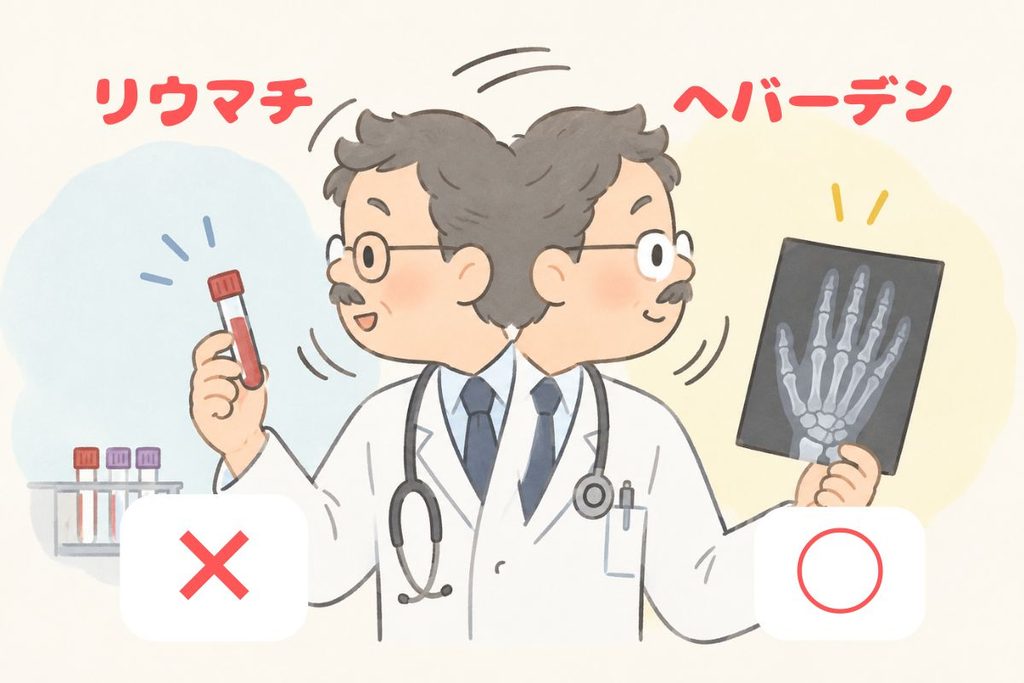 血液検査でリウマチは×、レントゲンでヘバーデン結節は○と判断するドクターのイラスト