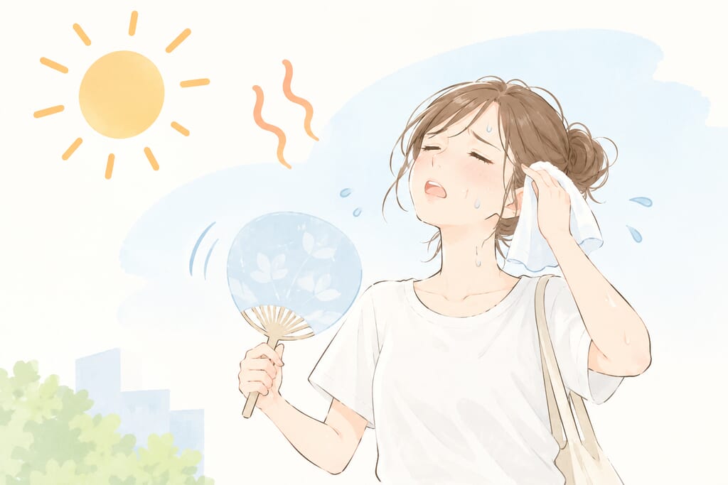 強い日差しの下、うちわであおぎながらタオルで汗をふく、暑さにぐったりした女性のイラスト