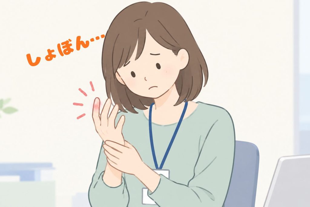 痛む指を見つめる女性のイラスト